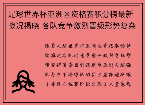 足球世界杯亚洲区资格赛积分榜最新战况揭晓 各队竞争激烈晋级形势复杂